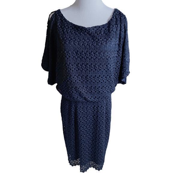 JESSICA HOWARD Dress Size 14 Crochet Overlay Elastic Waist Cold Shoulder Blouson - Picture 7 of 8